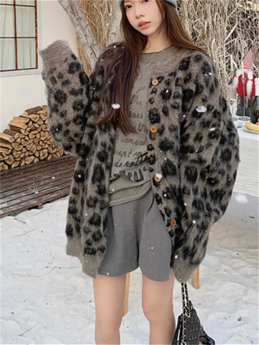 Alien Kitty Leopard Women Sweaters Office Lady Vintage Loose Winter Knitted Slim Daily New All Match Oversize Cardigans Coats