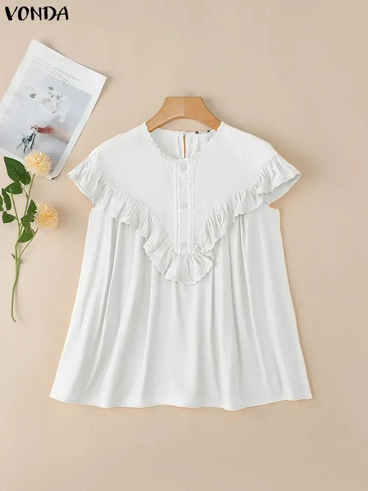 VONDA Modna Bluzka Damska Casual Krótki Rękaw Falbany Elegancka Koszula Biurowa Koronkowa Tunika Top 2025 Lato Jednolity Kolor Bluzki