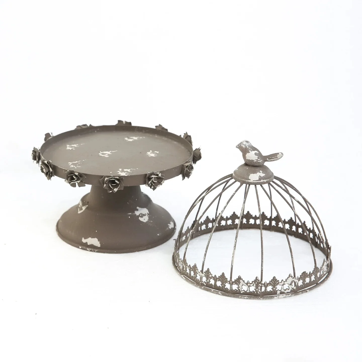 Vintage Distressed Iron Birdcage Pedestal Tray, Removable Dome Cloche with Rose Trim for Home Decor Display
