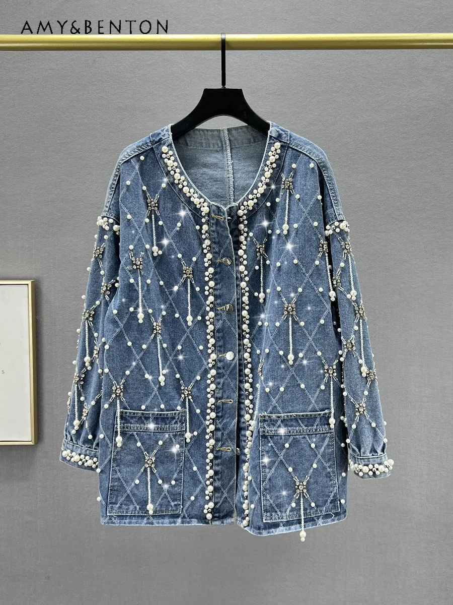 

Heavy Industry Beads Rhinestone Denim Jacket Spring Autumn Loose Slim Mid-Length Coat Women High-End Fashion Oversized Coats