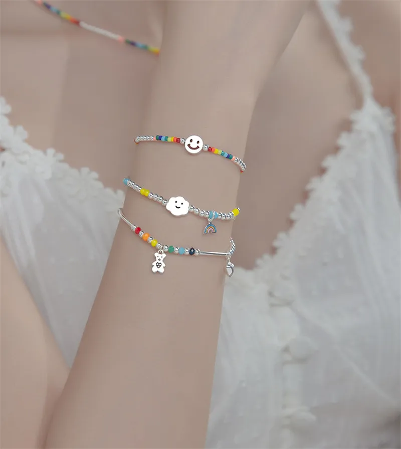 

YIZIZAI настоящее серебро 925 пробы красочные браслеты-цепочки из бисера для женщин милый медведь улыбка ювелирные изделия геометрические аксессуары
