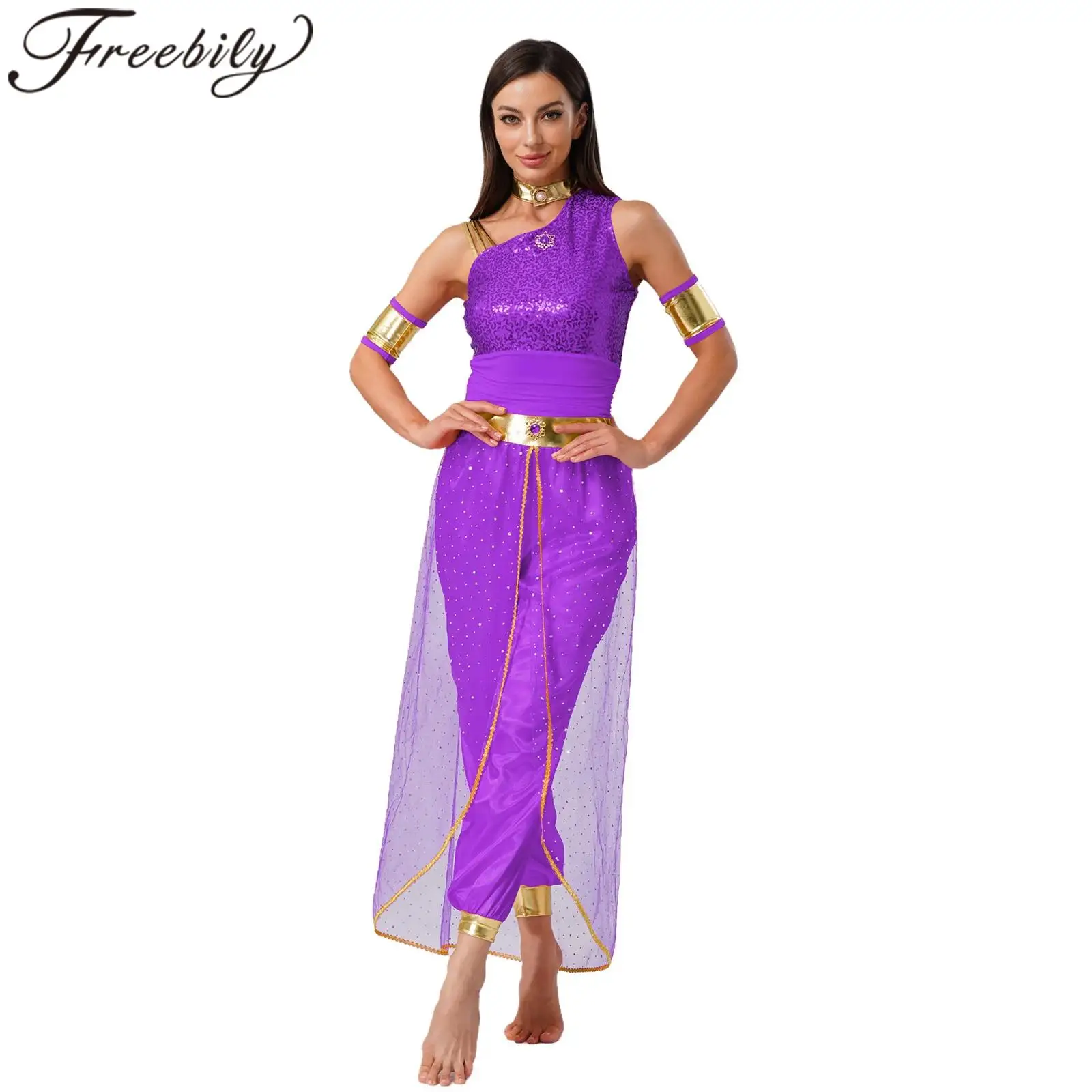 

Women Carnival Arabian Princess Costume Shiny Tulle Overlay Jumpsuit Arab Cosplay Indian Belly Dance Halloween PartyCostume