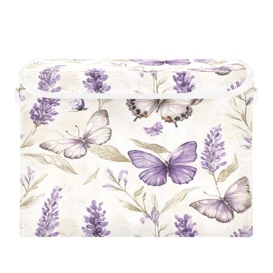 

Purple Lavender and Butterfly Large Collapsible Storage Box Flip Lid Fabric Decorative Organizer Container Basket with Handles