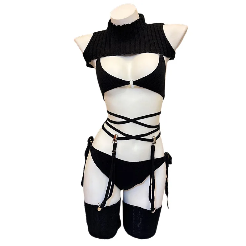 

2026 New Original Black Knit Lingerie - Backless Turtleneck & V-Neck Cosplay Sexy Glamorous Role-Play Outfit for Private Shoots
