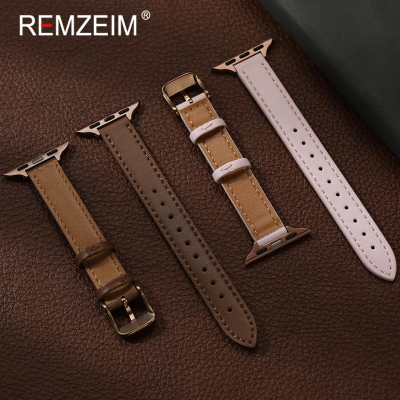 Ремешок из телячьей кожи для Apple Watch 1-10 SE, ультратонкие милые женские ремешки для часов для Iwatch 49/46/45/44/42/41/40/38 мм