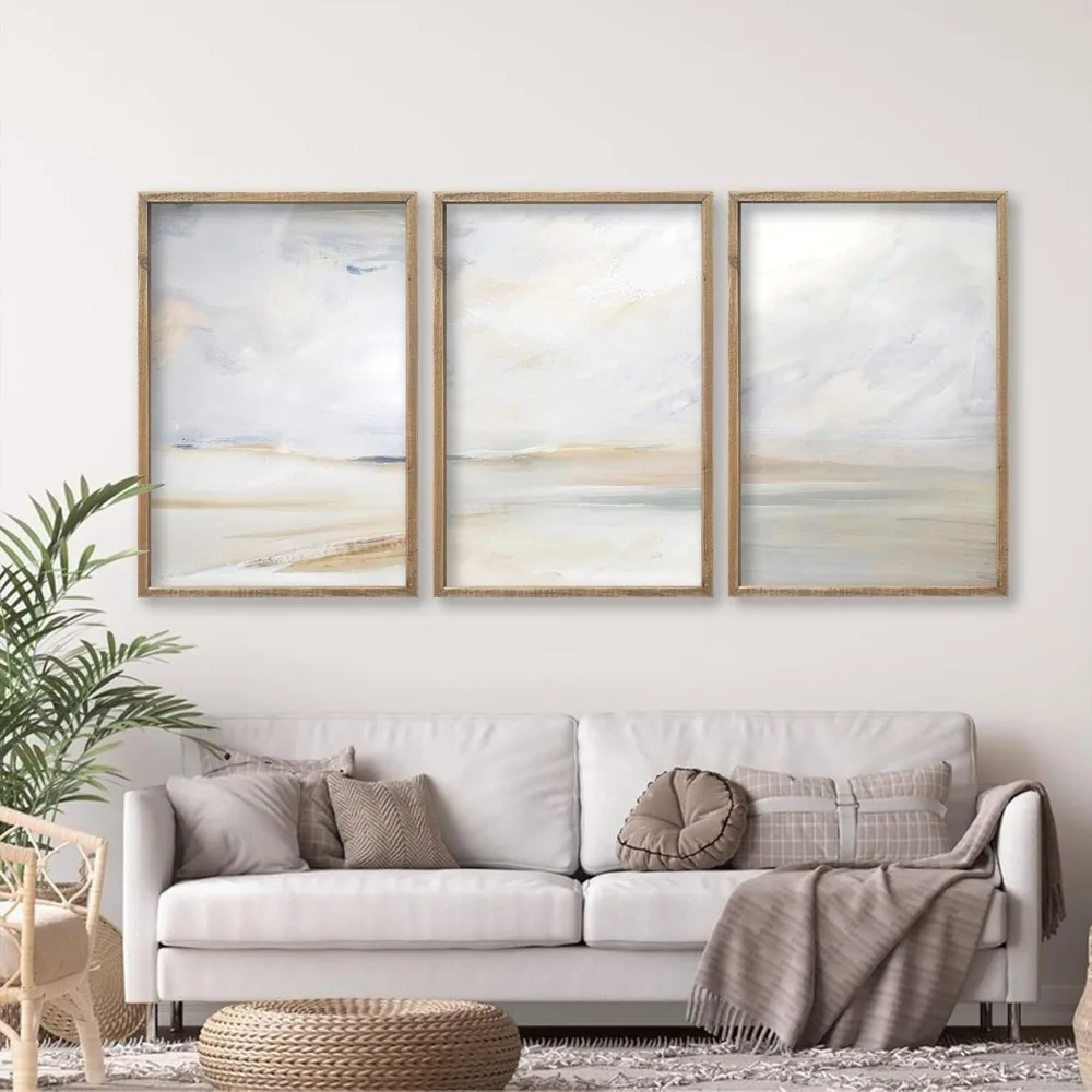 Set of 3 Gray Abstract Beach Prints Wall Art Decor 24"x16" Wood Framed Nature Wilderness Scenic Sign For Bedroom Minimalist