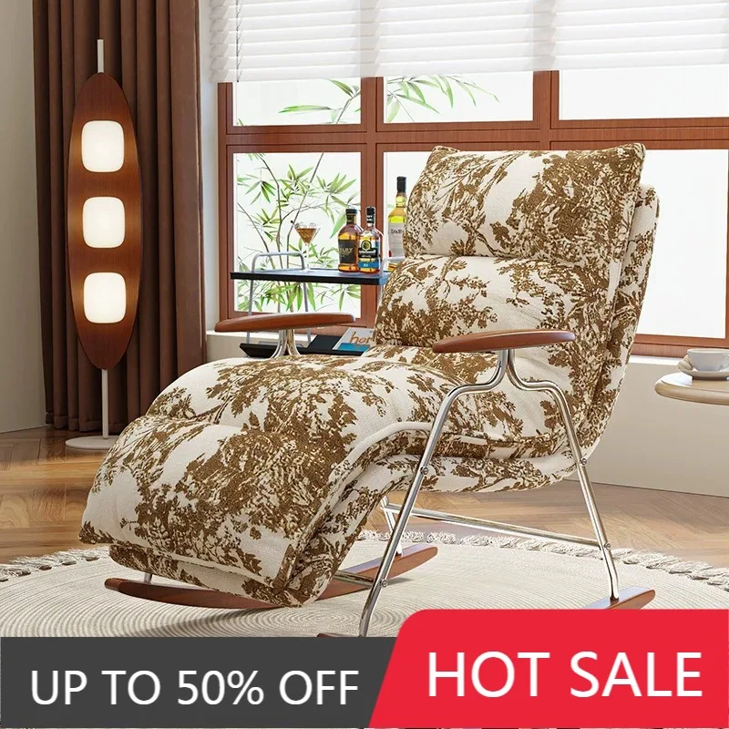 Vintage Floral Print Rocking Chair Ergonomic Recliner Armchair With Wooden Armrest Metal Frame Living Room Leisure Chaise Lounge