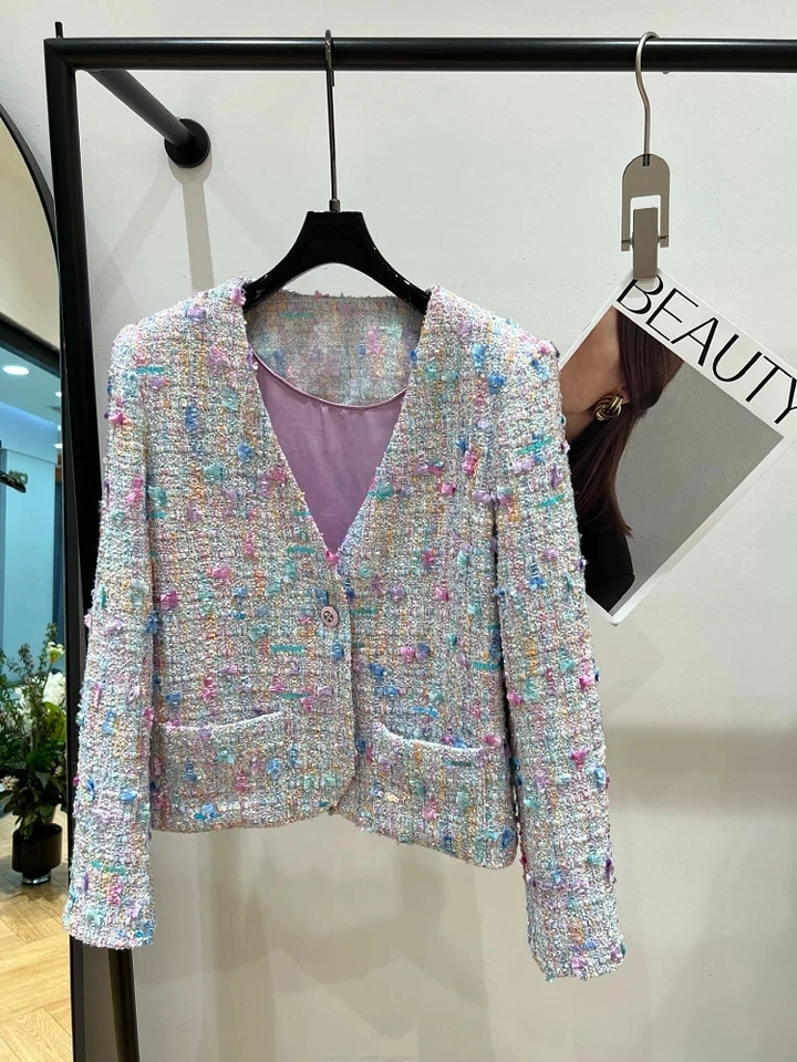 

2024SS Spring Autumn Luxury New Women Sequined V Neck Tweed Jacket Coat for Ladies