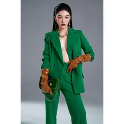 Bright Green Double Breasted Women Pants Set New Female Two Pieces(Blazer+Trousers) conjuntos femininos elegantes