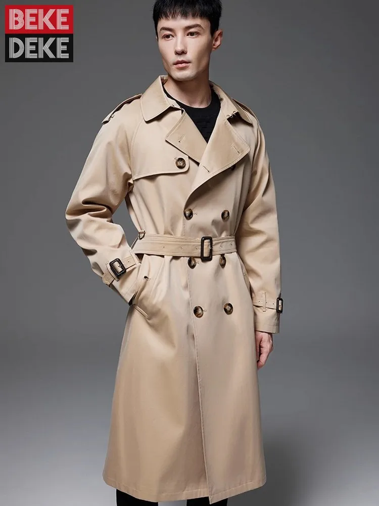 

British Style Mens Belt Long Trench Coat Loose Fit Double Breasted Windbreaker Autumn Waterproof Outerwear Overcoat Big Size 6XL