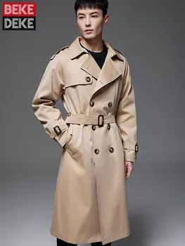 British Style Mens Belt Long Trench Coat Loose Fit Double Breasted Windbreaker Autumn Waterproof Outerwear Overcoat Big Size 6XL