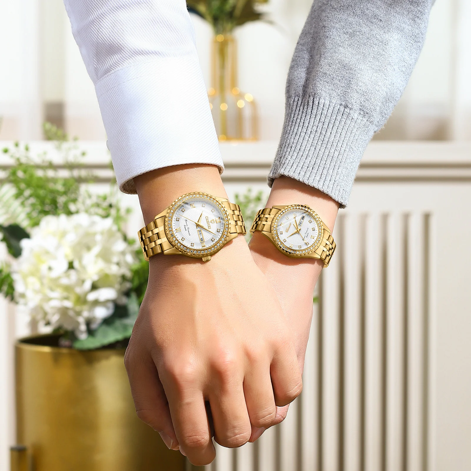 Chenxi 8215 neue Mode Paar Uhren Doppel kalender Glow Gold Diamant Edelstahl leuchtende Quarz Armbanduhr Herren uhr