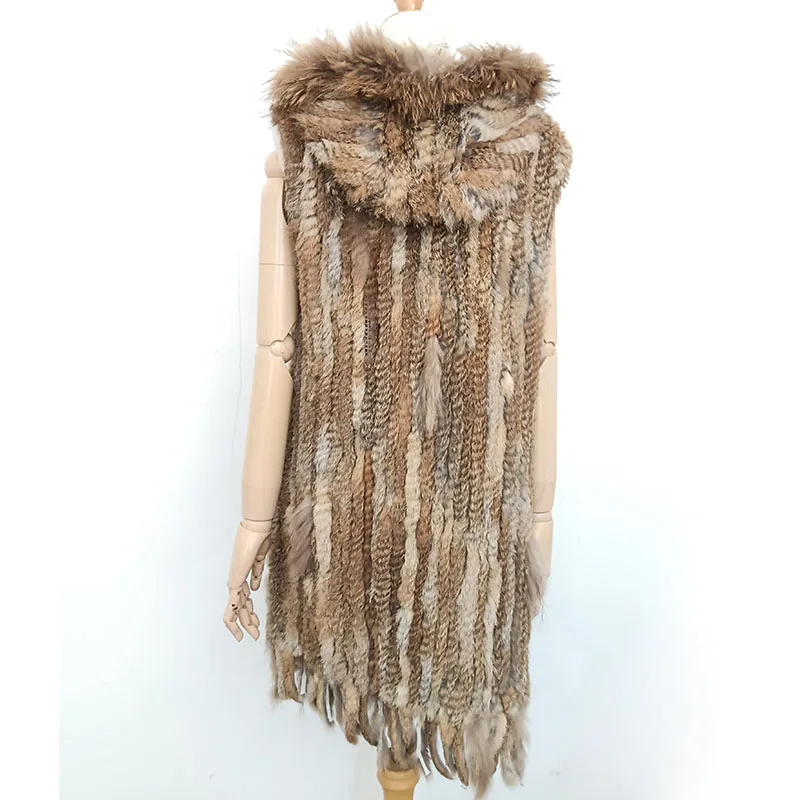 

Spring Women Long Knitted Fur Vest With Hood Sleeveless Hooded Genuine Rabbit Fur Gilet With Tassel Female Casual Fur Waistcoat