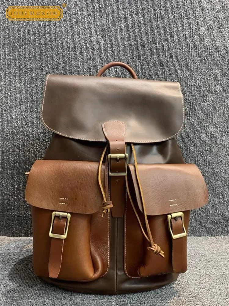 Borsa da viaggio Vintage da uomo di grande capacità Multi tasche zaino in vera pelle di vacchetta zaino Unisex a doppia spalla