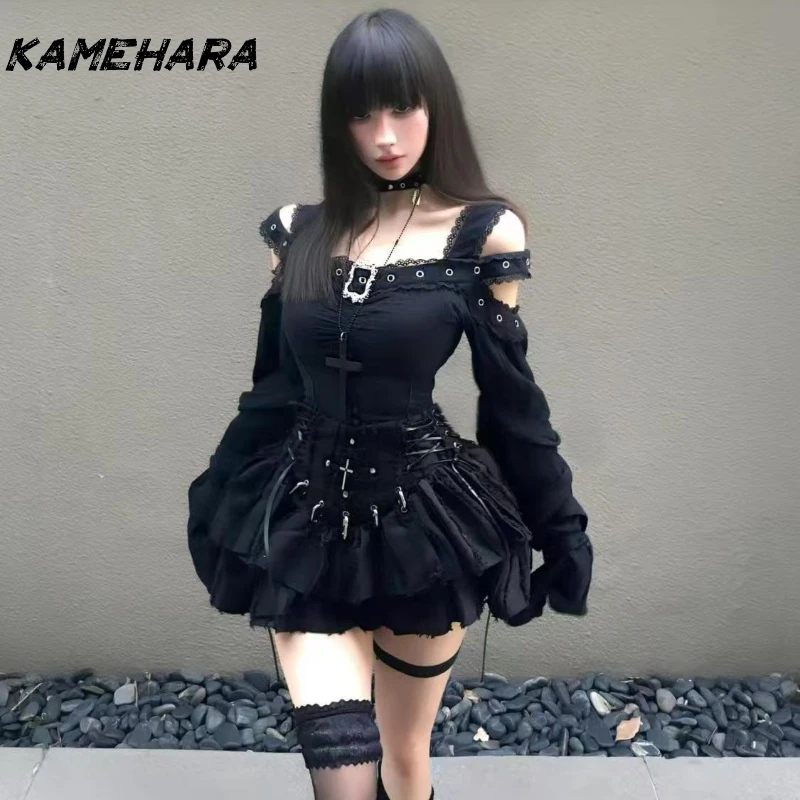 

KAMEHARA French Sexy Queen Style Dark Sets Skirt Design Off Shoulder Slimming Top Heavy Binding Short Skirts أطقم نسائية قطعتين