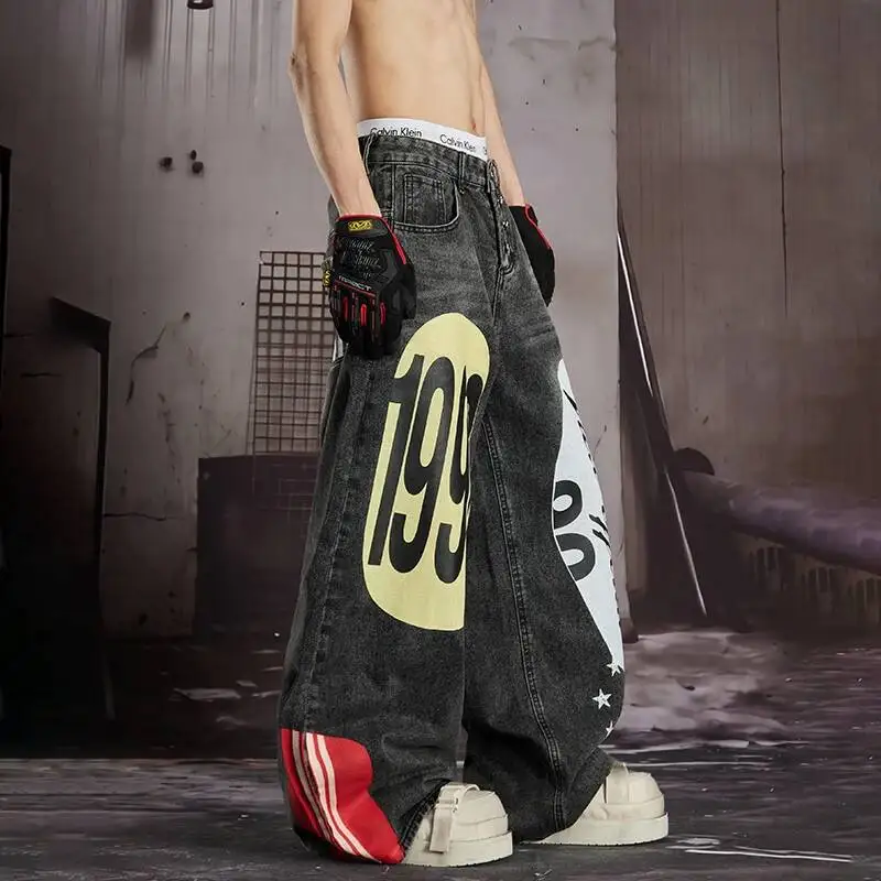 LUZHEN 2026 New Original Letter Printed Patchwork Pattern Loose Straight Denim Pants Men's Fashion Street Wide Leg Jeans JY7501
