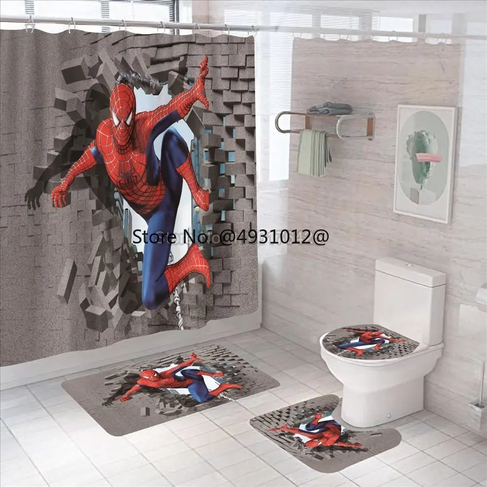 Anime Avengers Spiderman Shower Curtain Carpet Toilet Cover Cartoon Bath Mat Rug Pad Set Bathroom Decor Kids Gifts