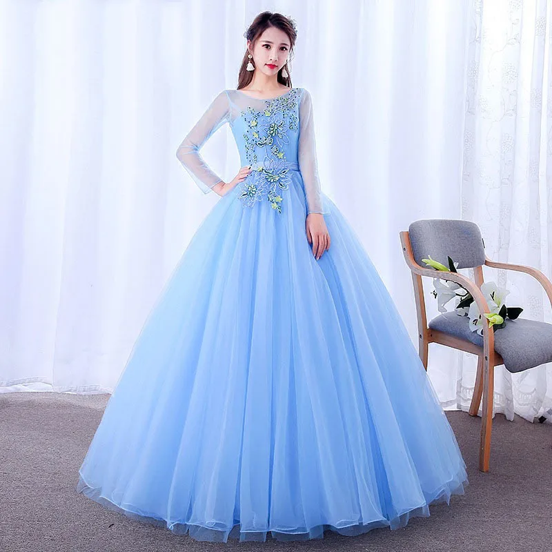 

Blue Sweet Fairy Tulle Ball Gown Lace Illusion Scoop Neck Long Sleeves Quinceanera Dresses Floor-length Beading Flowers Vestidos