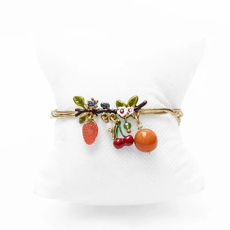 Fresh Sweet Handpainted Enamel Glaze 3D Raspberry Cherry Tomato Fruit Multi-drop Double Chain Bracelet Semibangle Feminine Chic