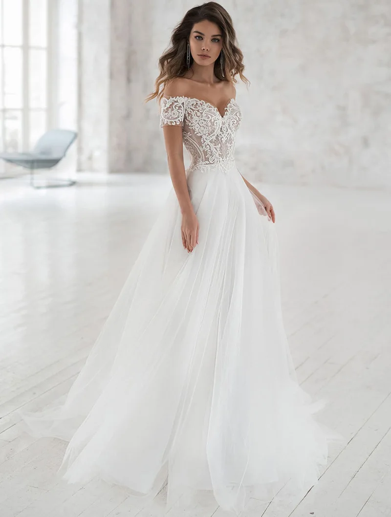 

VENSANAC Boho Off the Shoulder Tulle A Line Wedding Dress Lace Appliques Short Sleeve Sweep Train Bridal Gown