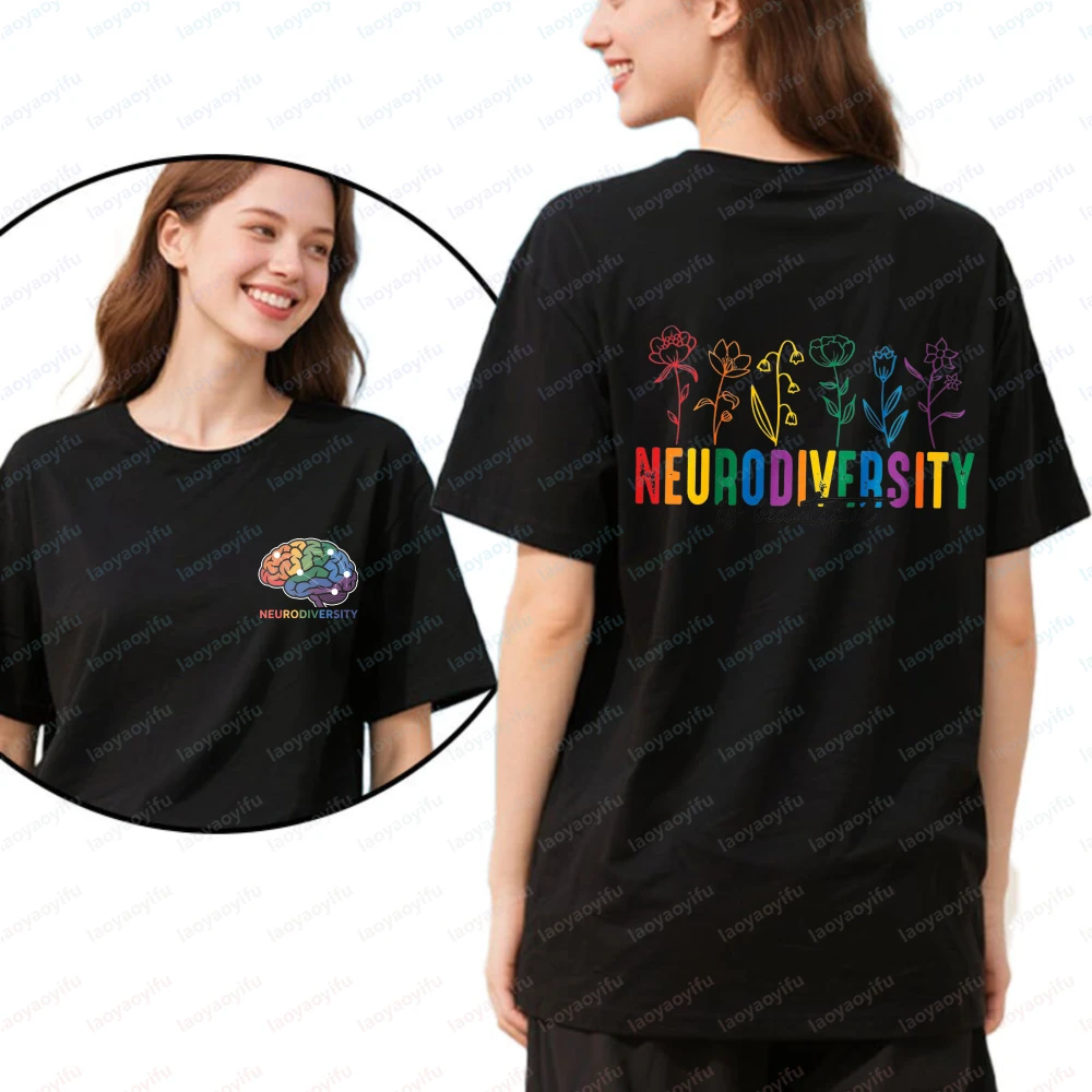Neurodiversity Brain and Flowers Design Unisex Cotton T-Shirt Casual Summer Autism Awareness Fashion Tops Clothes for Women