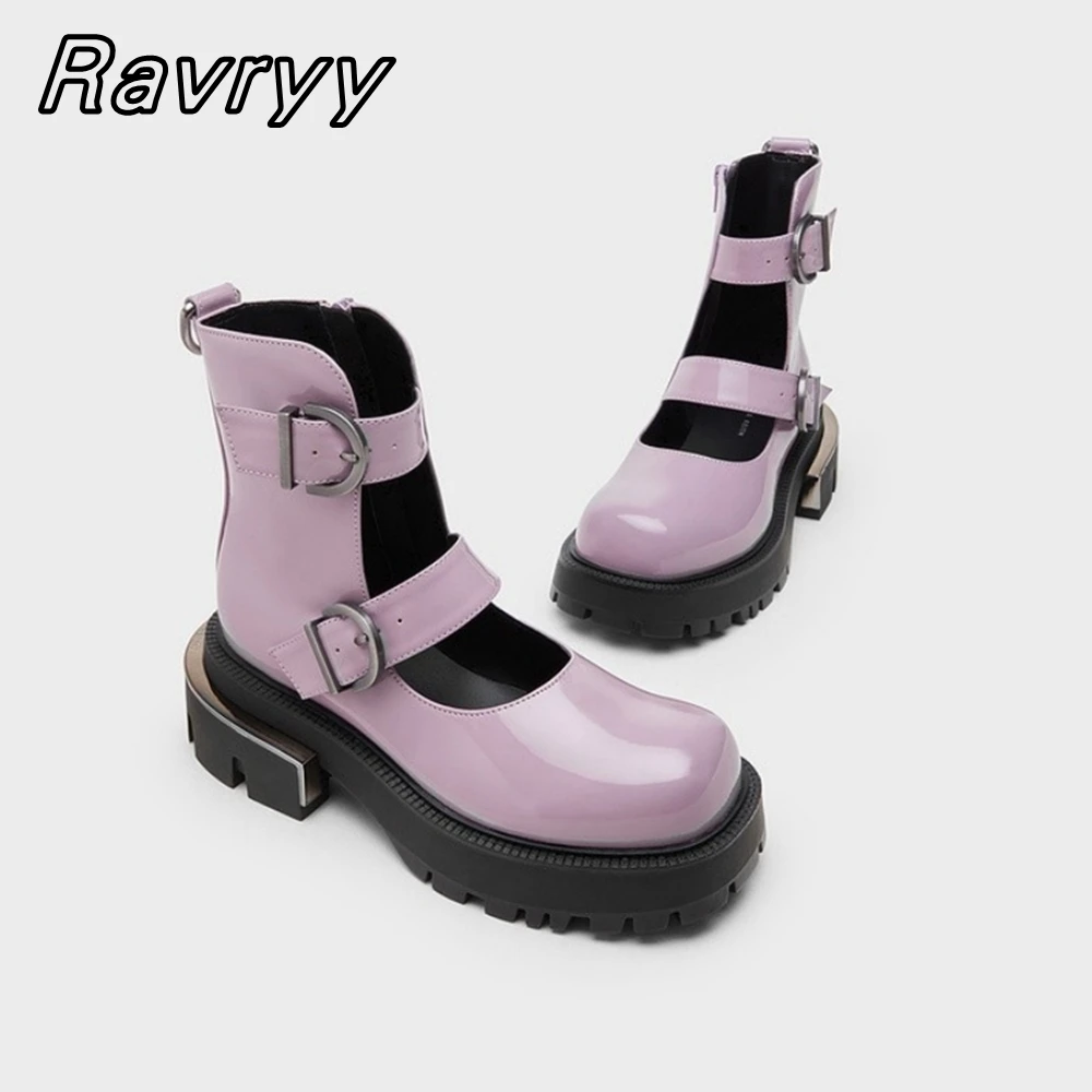 

Retro Purple Round Toe Holllow Buckle Strap Boots New Year Summer Metal Heel Boots Patent Leather Glossy Platform Mary Jane Shoe