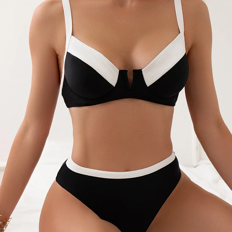 Bikini Set Sexy Black Contrast Swimwear Push Up Bikini Women 2024 Strój kąpielowy z wysokim stanem na fiszbinach Dwuczęściowy kostium kąpielowy