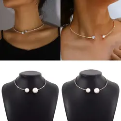 Korean Style Heart Collar Choker Rhinestone Gold and Silver Large Pearls Necklace Banquet Jewelry Fashion Open Collar Necklace