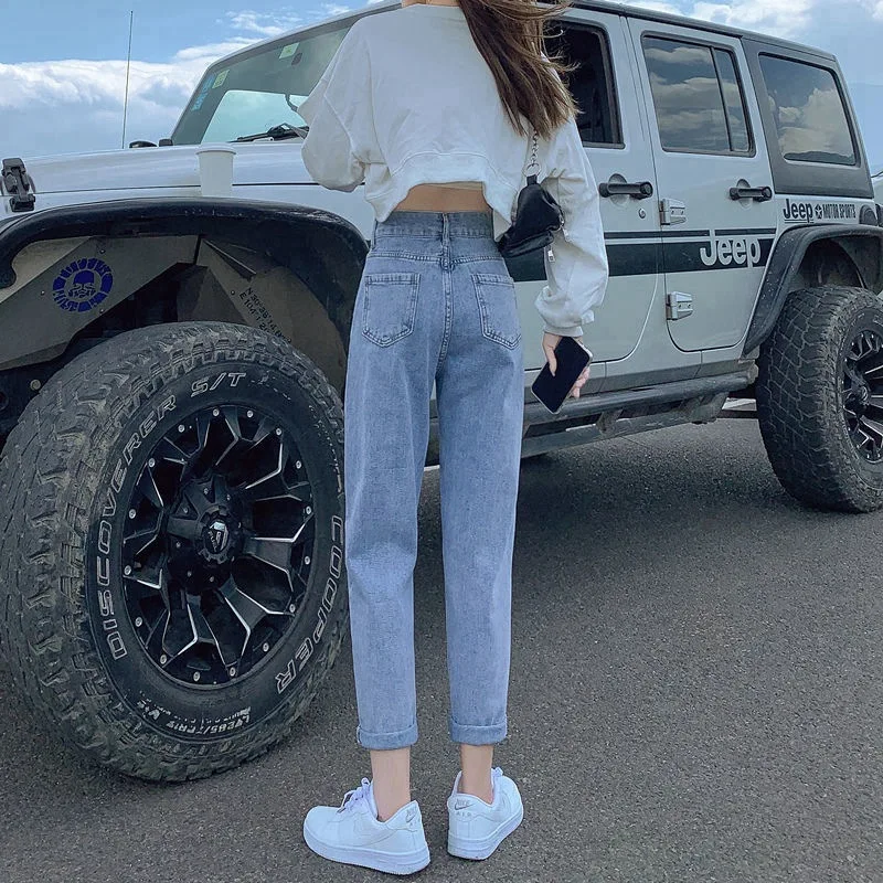 Thin Section Adjustable High Waisted Jeans Summer Wide Legged Nine Minute Straight Radish Harem Trousers for Women