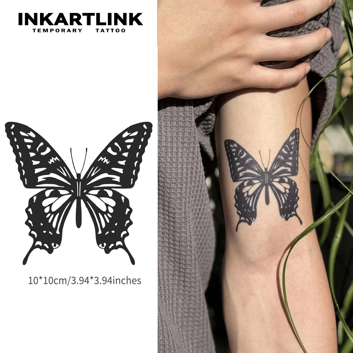 وشم على شكل فراشة عصير عشبي سحري. أنيقة، شبه دائمة، مقاومة للماء. يدوم 2-3 أسابيع. #3