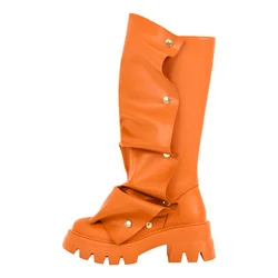 Richealnana Women Round Toe Platform Button Slouchy Fold Over Boots Mid Calf Block Heel Pull on Big Size Western Boots
