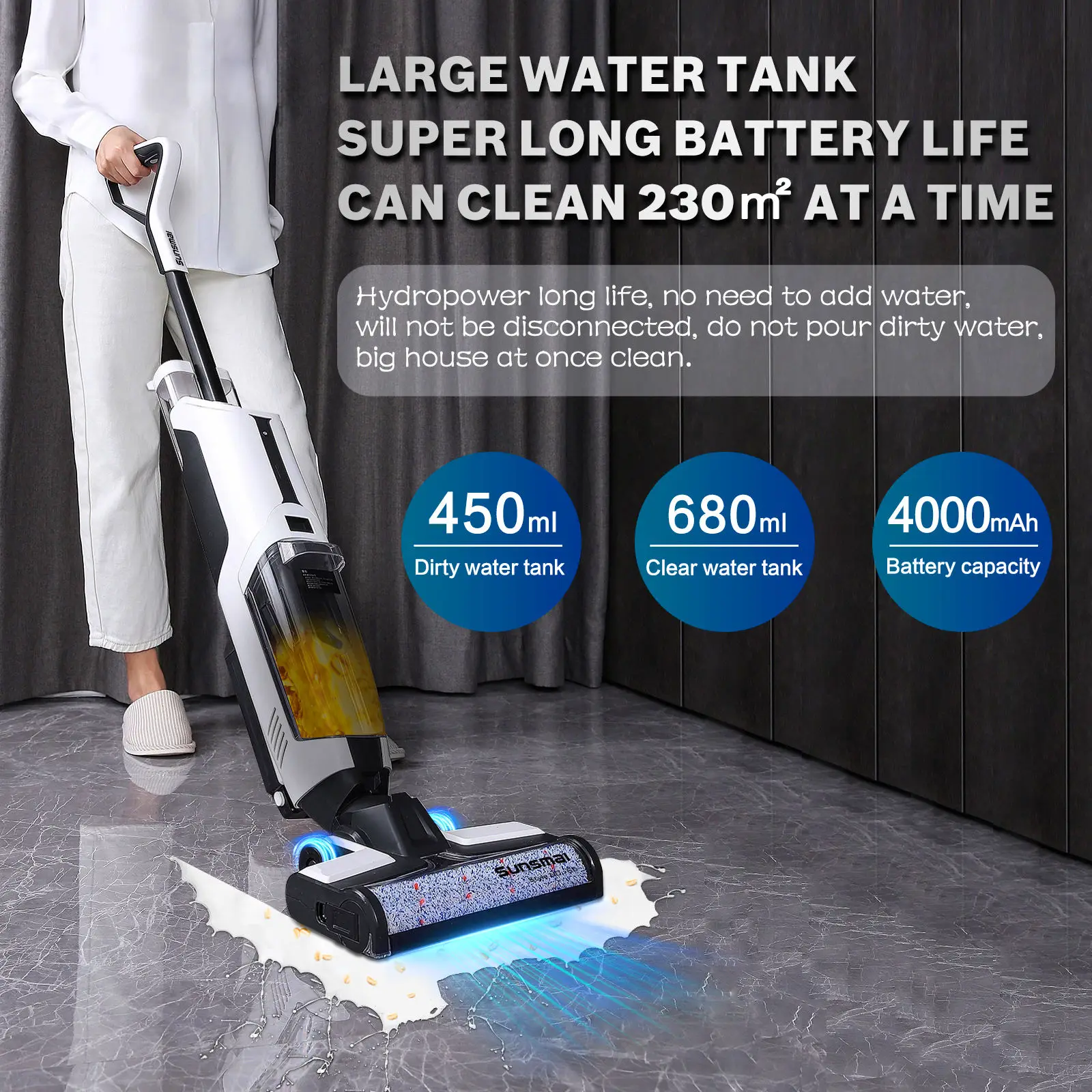 Cordless Vacuum Cleaner Wet and Dry HEPA Self-Cleaning Self-Propelled 680 mL Water Tank Voice Assistant LED Display for Hotel