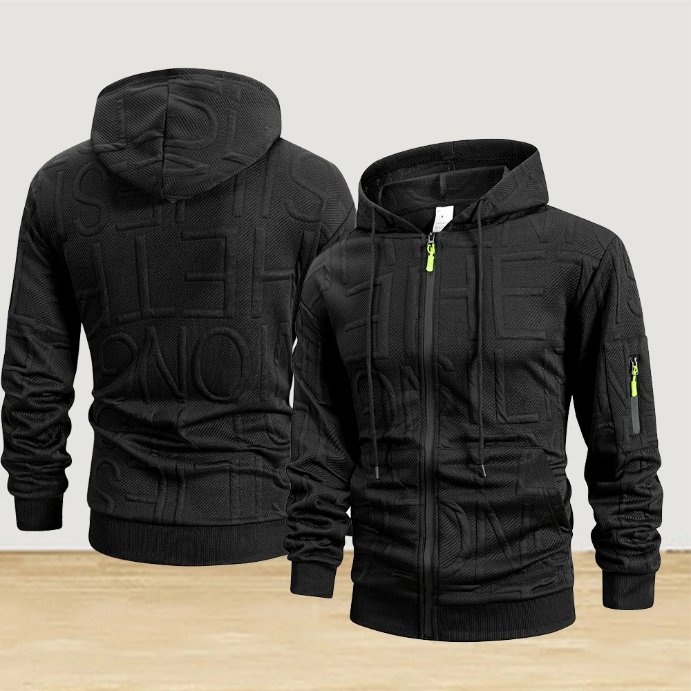 

Men's Letter Jacquard Sporty Hooded Jacket Warm and Versatile Sweatshirt for Autumn and Winter Commuting with Multiple Pockets