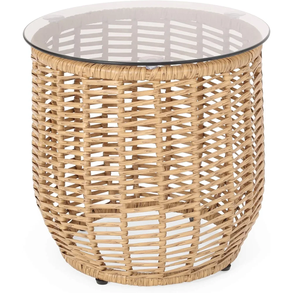 

Noble House Boynton Wicker Side Table with Tempered Glass Top in Light Brown