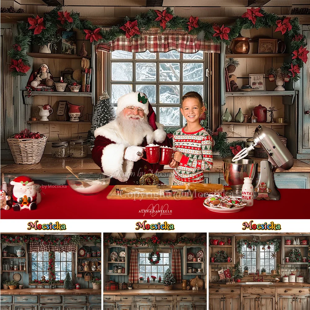 

Rustic Christmas Kitchen Background Studio Photography Red Xmas Flowers Wreath Cupboard Backdrop Decor Winter Kids Family Photo