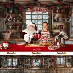 Rustic Christmas Kitchen Background Studio Photography Red Xmas Flowers Wreath Cupboard Backdrop Decor Winter Kids Family Photo