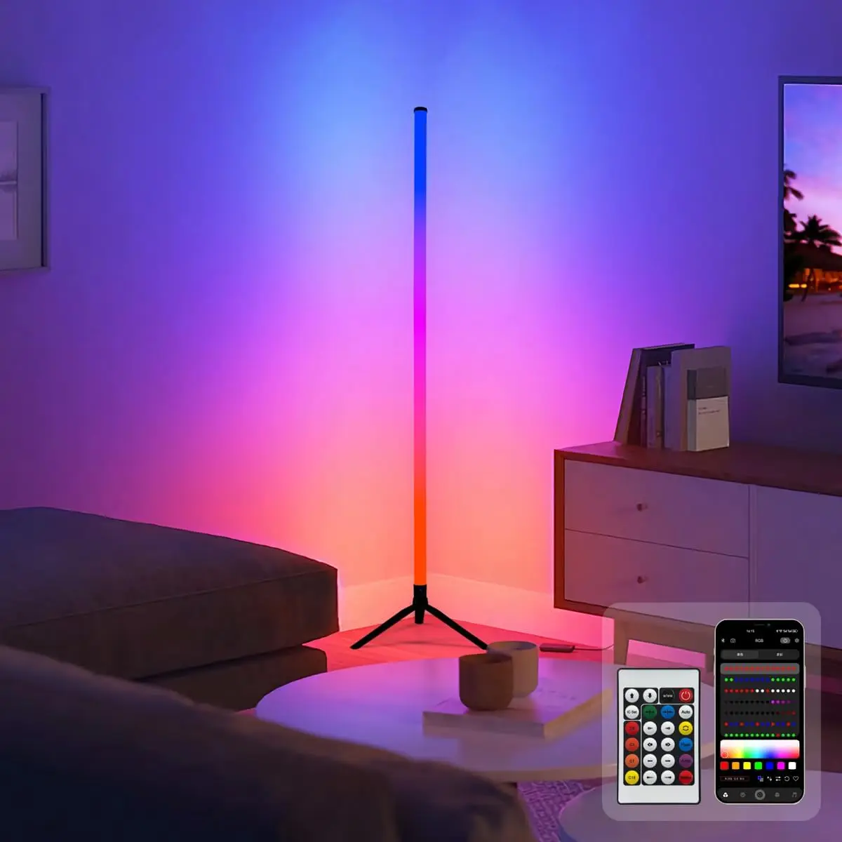 

RGB LED Corner Floor Lamp with Music Sync, 16M Colors, App & Remote Control for Living Room