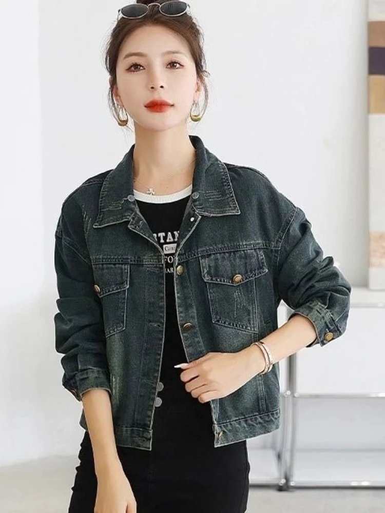 

Женская свободная короткая джинсовая куртка с капюшоном и шнурком, корейская винтажная темно-синяя повседневная универсальная весенне-осенняя новинка