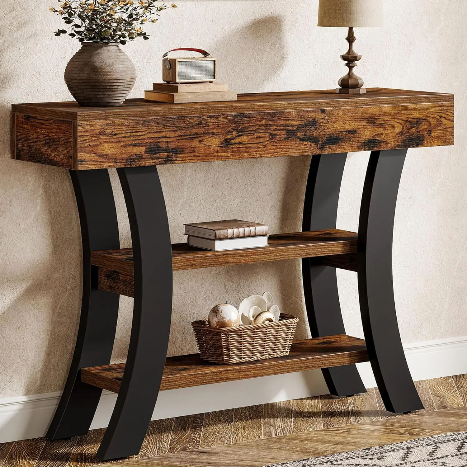 

41" Small Console Table for Entryway, 3-Tier Narrow Rustic Sofa Table with Storage Shelves and Curved Frame for, Customized