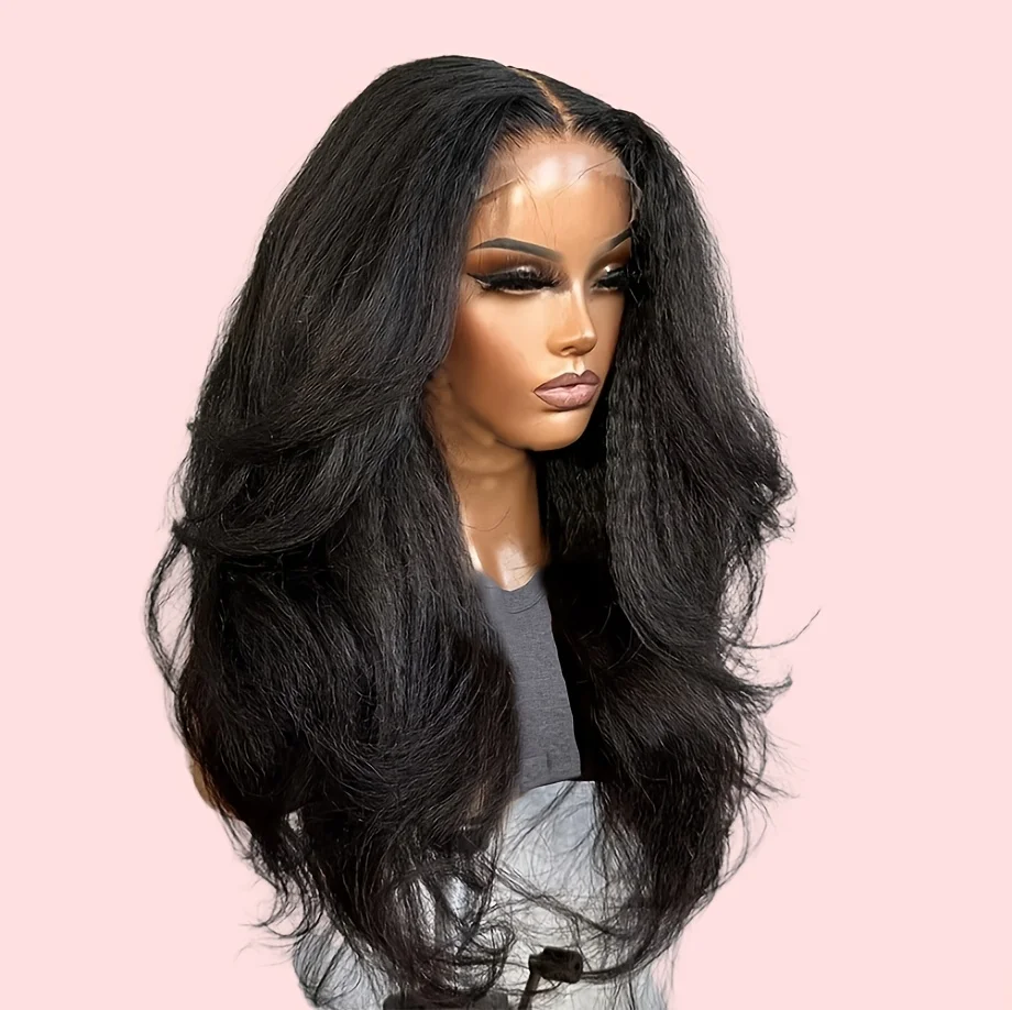

Super Soft Double Texture Yaki Body Wave 13x4 Lace Front Wig Synthetic 26Inch 180Density Kinky Straight Wavy Lace Front Wig