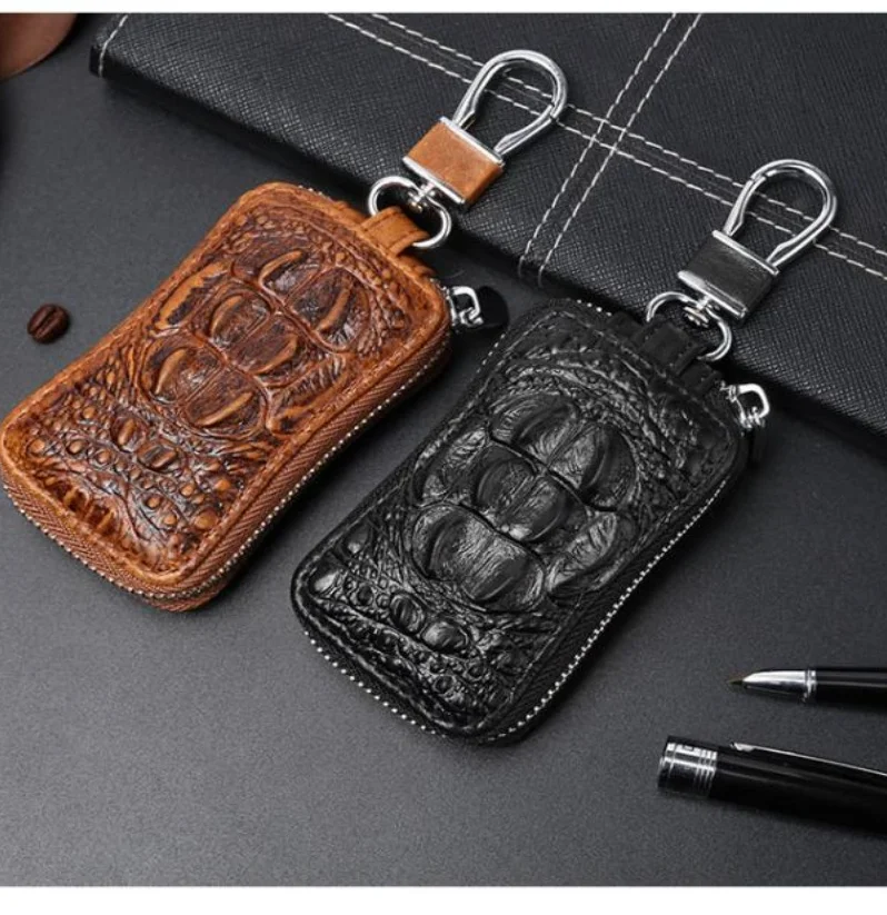 

Genuine Leather Multifunctional Key Chain Top Layer Cowhide Crocodile Pattern Car Key Bag Vertical Square Shape High-capacity