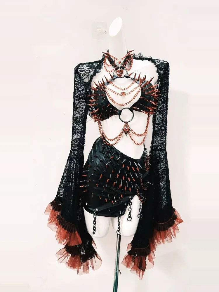 Dark hollowed-out coat heart-shaped collar chain rivets vest leather heavy industry hip-hugging skirt set
