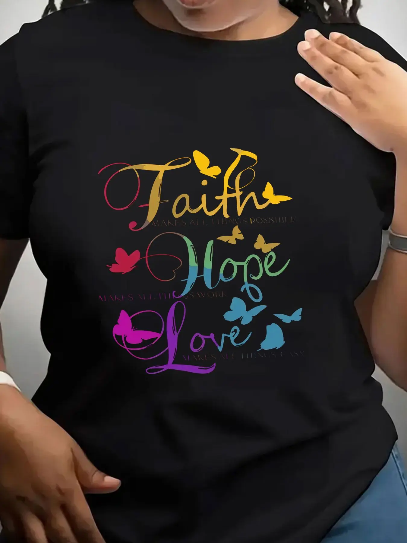 Women's Trendy Crew Neck T-Shirt Faith Hope Love Butterfly Print Suitable for Casual Sportswear