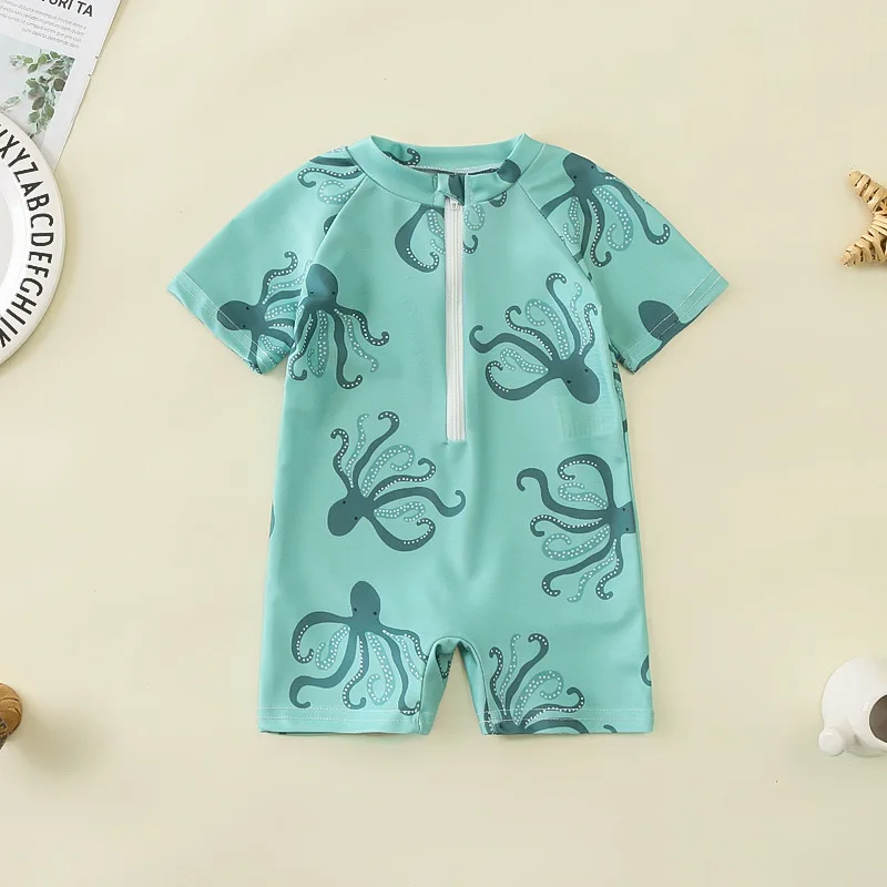 Boys One-piece Swimsuit Kids Cute Cartoon Shark Whale Print Sun-protective Quick-Dry Zipper Surfing Bathing Suit Baby Swimwear