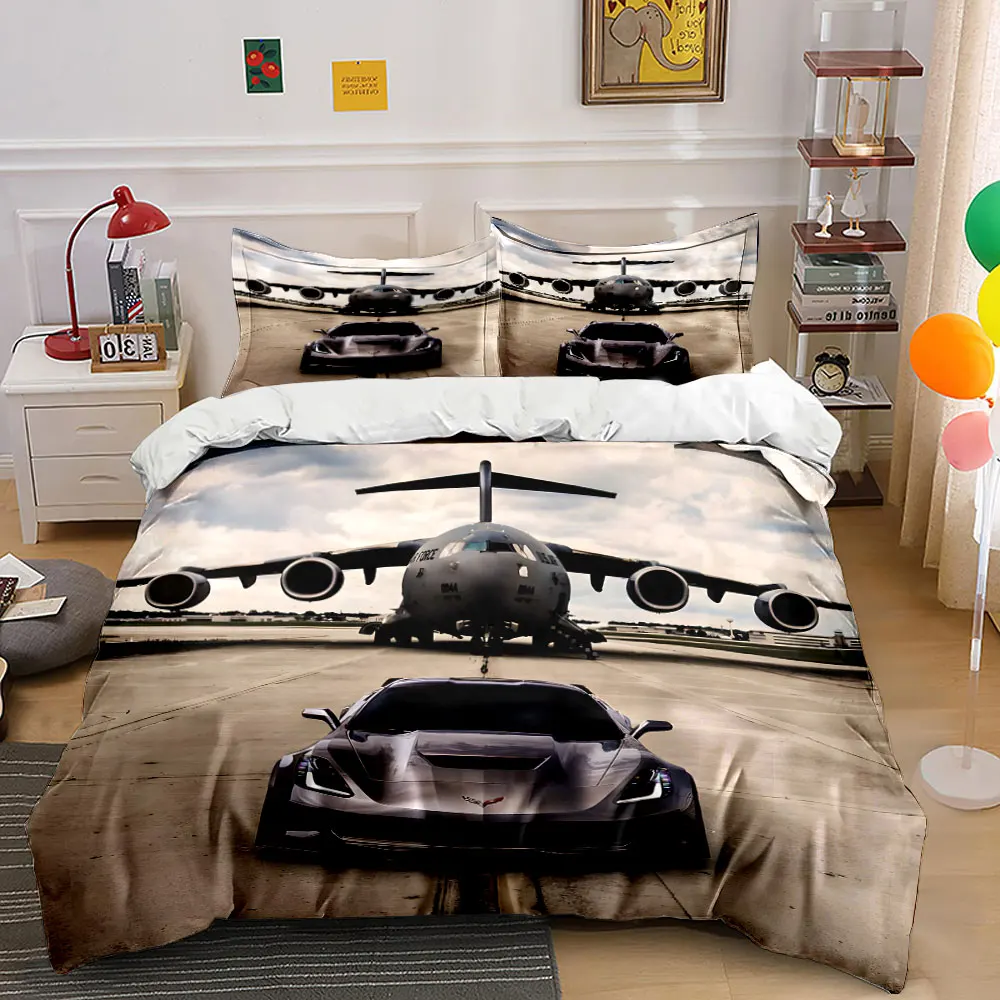 Supercars and Large Transport Aircraft Print Bedding Set 1 Duvet Cover 2Pillowcases for Adult and Children Luxury Gift Full Size
