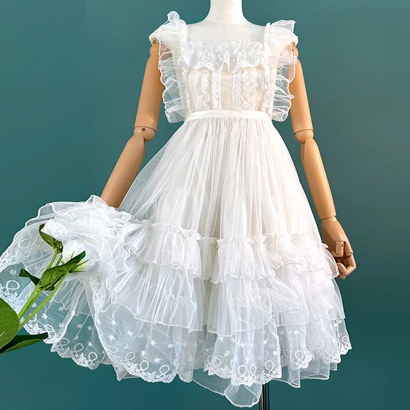 

Sweet Lolita Sheer Mesh Lace Ruffled Cover up JSK Dress Women Japanese Style See Trough Mesh Backless Strap Apron Maid Dresses