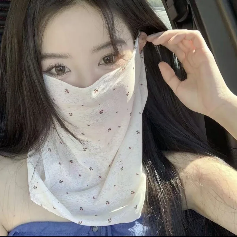 Summer Floral Full Face Sunscreen Face Mask for Women UV Protection Neck Protection Ice Silk Breathable Sunshade Veil Headscarf