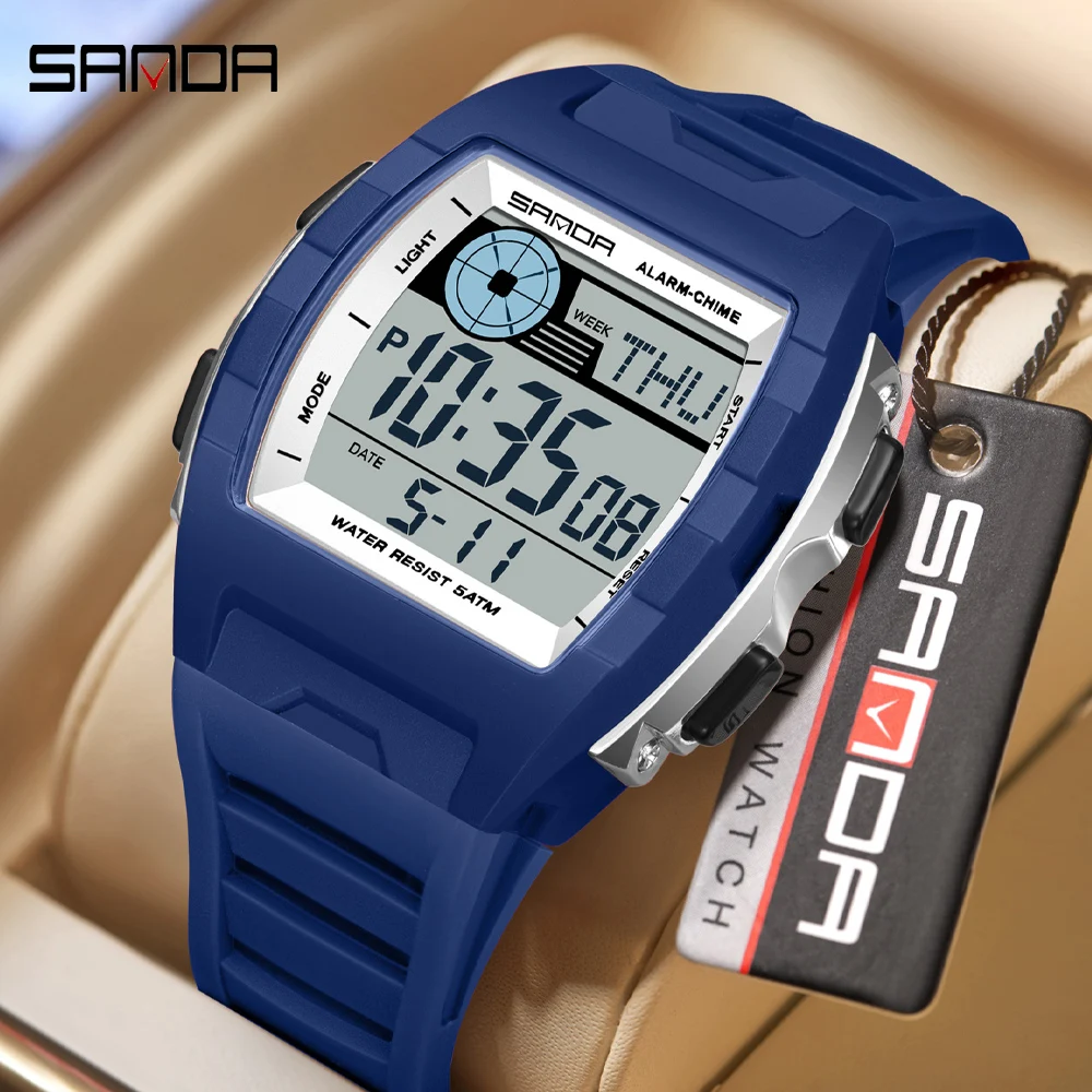 

Мужские цифровые спортивные часы SANDA с LED-дисплеем, водонепроницаемые, многофункциональные, с бочкообразным циферблатом, хронограф, военные наручные часы для мужчин