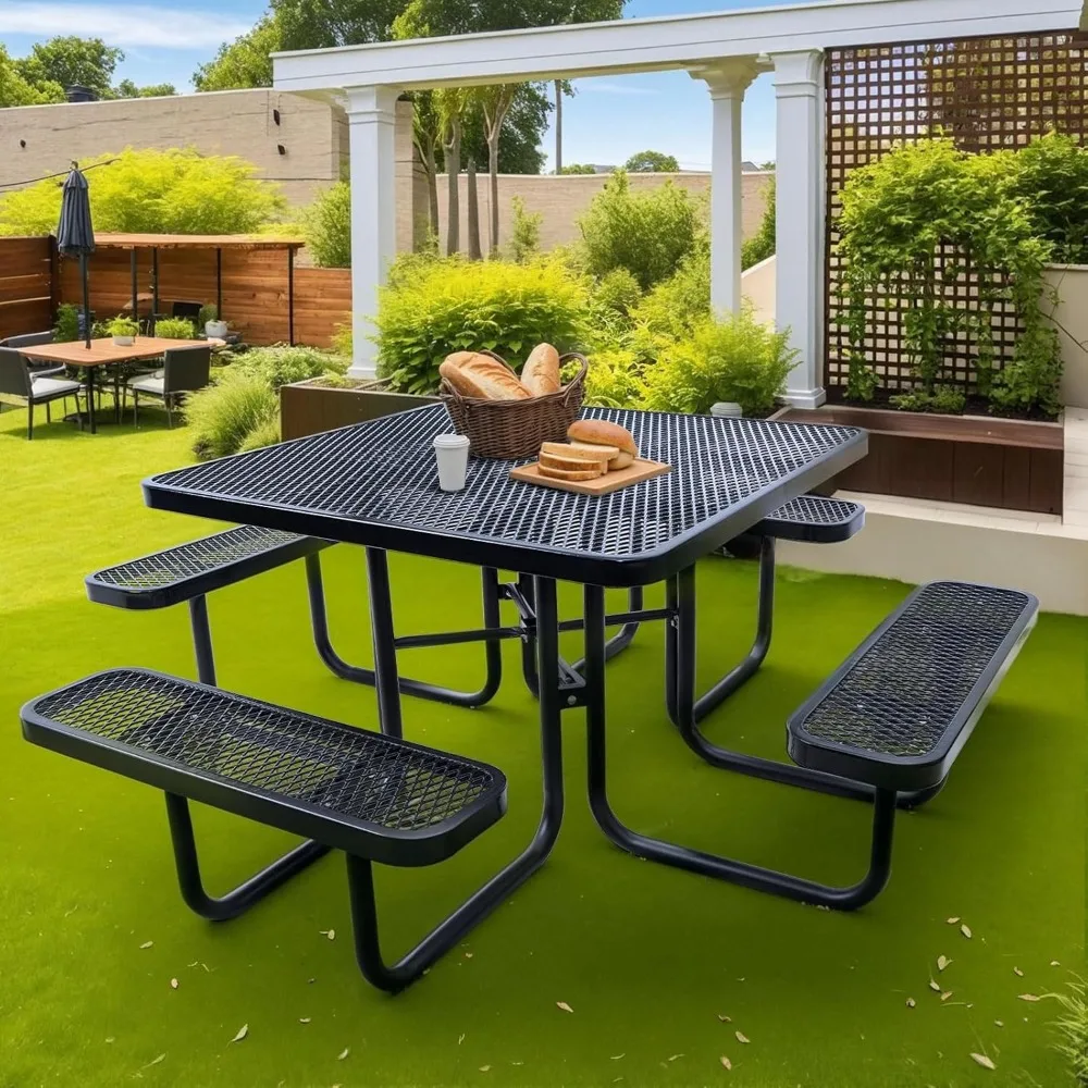

46" Square Top Outdoor Picnic Table Set for Up to 8 Persons, Outside Table Set with 4 Built-in Benches, Metal Commercial-Grade D
