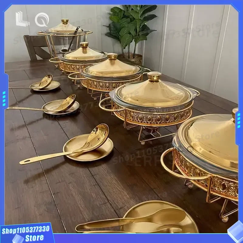 Gold Stainless Steel Round Buffet Warmer with Stove Cover Hotel Restaurant Hot Pot Heater Serving Set New Design for Catering